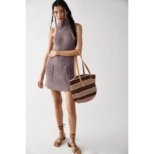 FREE PEOPLE Claude Turtleneck Mini Knit Dress Sleeveless Purple Ribbed Size M